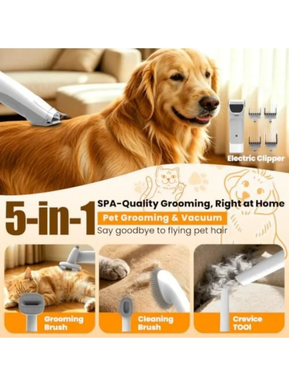 Pet Grooming Kit with Vacuum, 12000Pa Electric Clipper & Cleaning Brush for Dogs